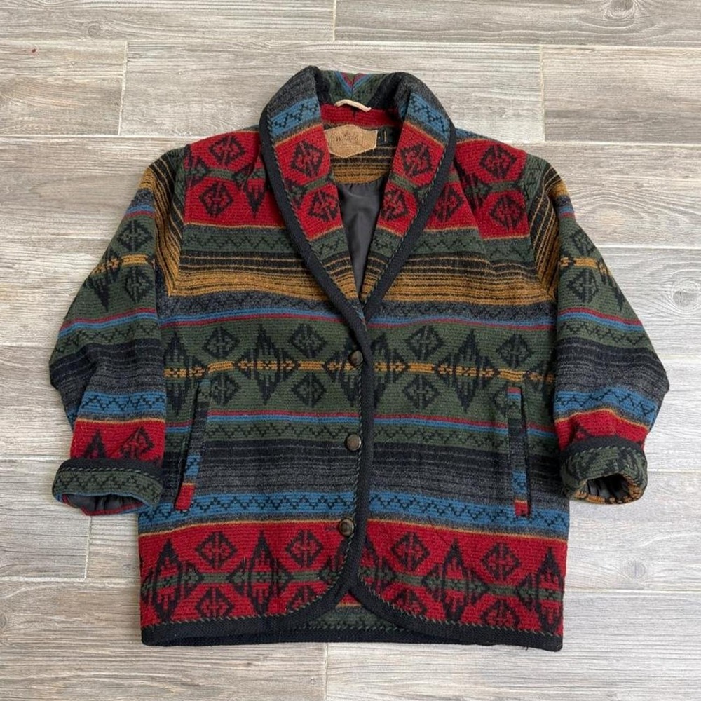 Vintage Woolrich green Nordic Aztec shawl collar Jacket size S